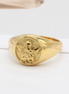 时尚钛钢男款戒指  欧美个性文艺复古丘比特小天使钛钢戒指指环