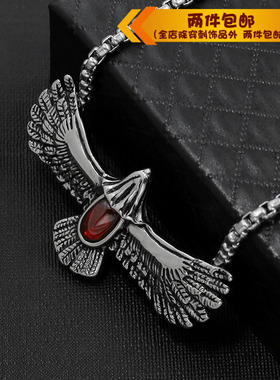 老鹰红宝石霸气风羽毛钛钢项链