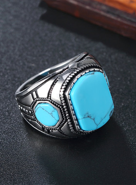 欧美风复古绿松石男士钛钢戒指