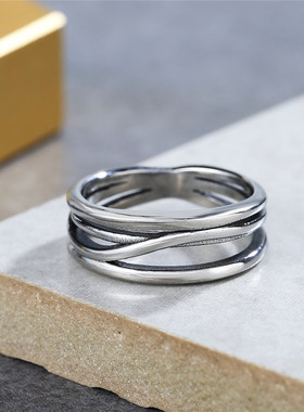 时尚钛钢男款戒指欧美复古简约钢丝戒指几何线条男士钛钢戒指指环