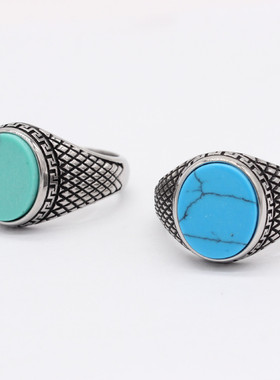 时尚钛钢男款戒指 欧美时尚简约圆形松石宝石戒指 钛钢男式戒指指