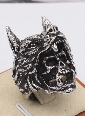 时尚钛钢男款戒指 欧美个性复古狼头骷髅钛钢戒指指环
