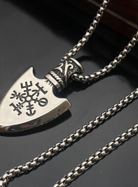 时尚钛钢项链 北欧神话维京海盗奥丁三角符文标志箭头钛钢项链
