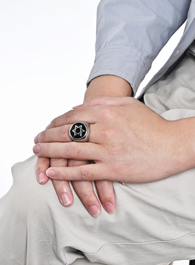 时尚钛钢戒指复古六芒星钛钢戒指所罗门印章扳指圆形钛钢戒指指环