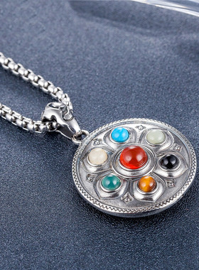 时尚钛钢项链  金刚杵钛钢吊坠 做旧藏饰圆牌男士钛钢项链