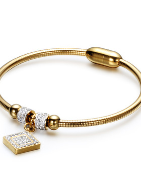 时尚风钛钢方牌菱形磁吸镶钻手环