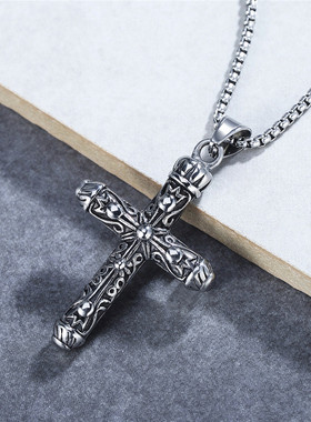 时尚钛钢项链 欧美网红ins个性复古皇冠十字架吊坠男款钛钢项链