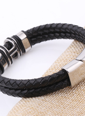 时尚风钛钢黑色编织复古皮手镯