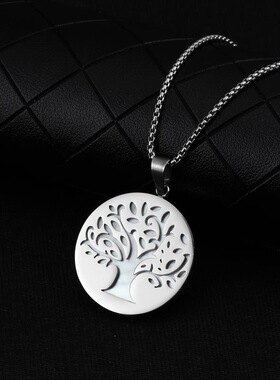 钛钢镂空立体生命树圆牌项链