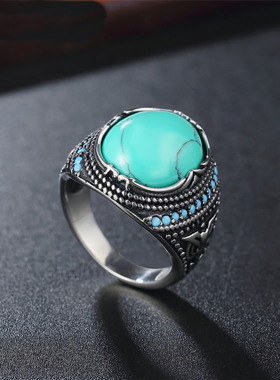 欧美风复古绿松石男士钛钢戒指
