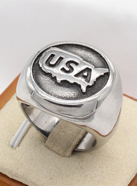 时尚钛钢男款戒指 欧美个性复古铸造圆形USA字母钛钢戒指指环