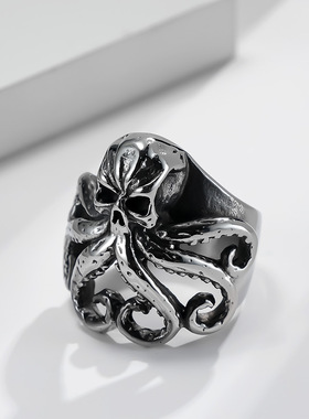时尚钛钢戒指 欧美复古骷髅做旧章鱼戒指朋克潮男钛钢戒指指环