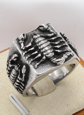 时尚钛钢男款戒指 欧美个性复古蝎子钛钢戒指指环 方形天蝎座戒指