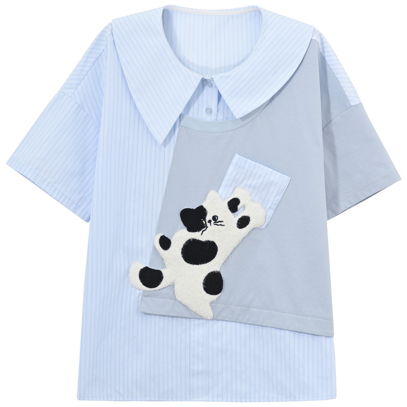 森女部落设计感翻领原创短袖宽松新款绣花上衣T恤女2025初夏穿搭,淘宝优惠券,粉丝福利购,淘宝优惠卷