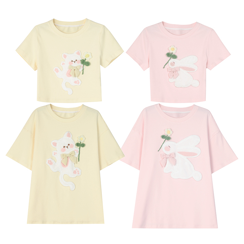 森女部落原创猫咪兔子贴布甜妹少女粉色闺蜜装软妹T恤短袖上衣女-图3