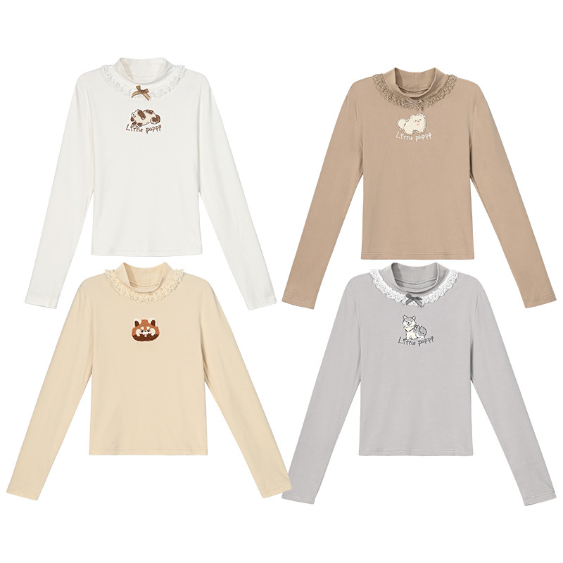 森女部落卡通可爱内搭半高领打底衫女秋2025栋新款可外穿长袖T恤