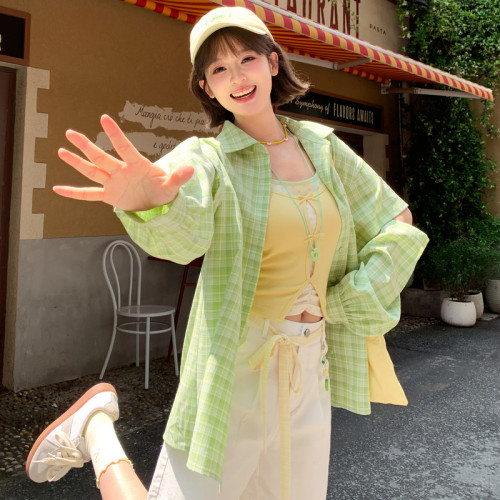 森女部落多巴胺绿色格子短袖衬衫女上衣夏2026款薄款防晒衬衣外套 - 图0