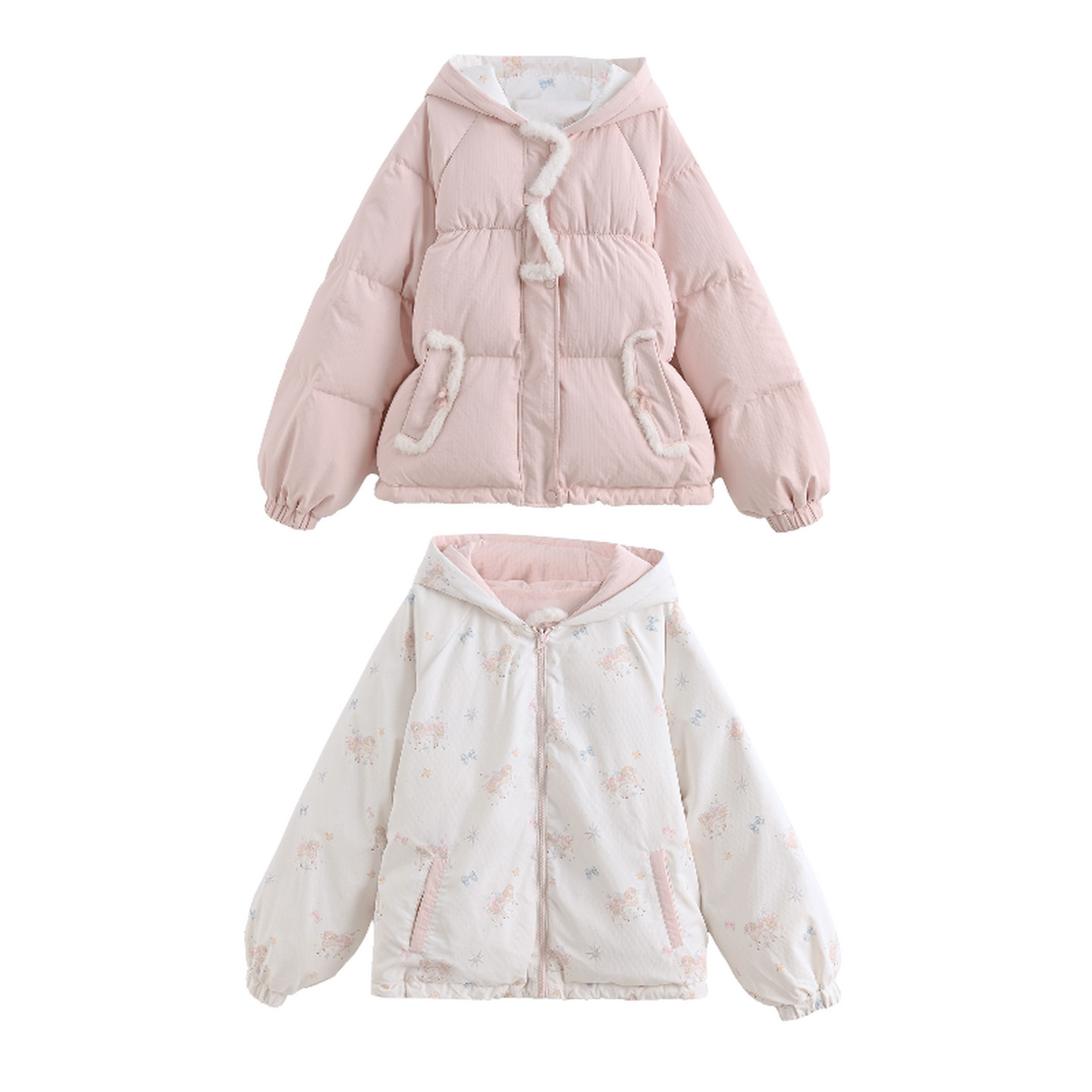 森女部落90%绒子白鸭绒双面穿连帽羽绒服女2026冬季新款甜美外套