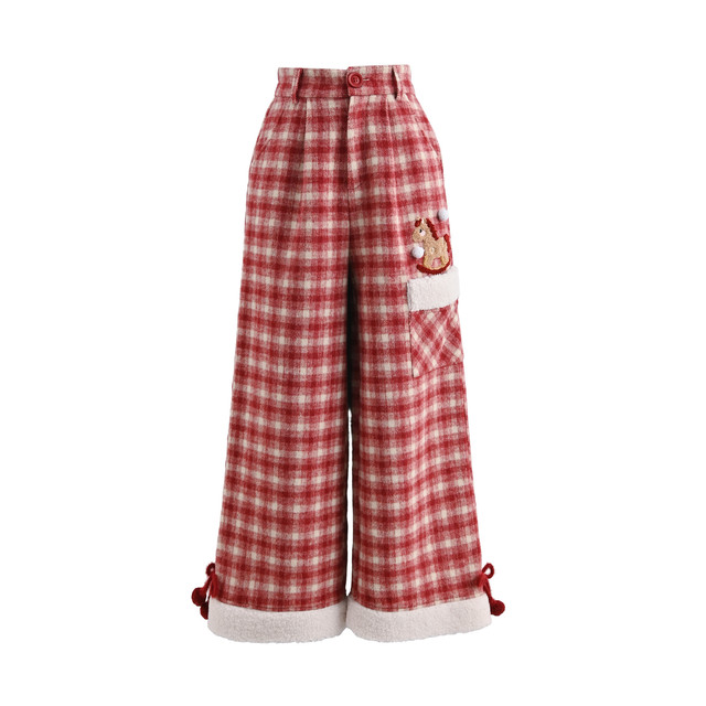 Mori Girl Tribe Sweet Style Cartoon Embroidery High Waist Straight Casual Pants Women 2026 New Woolen Plaid Pants Winter