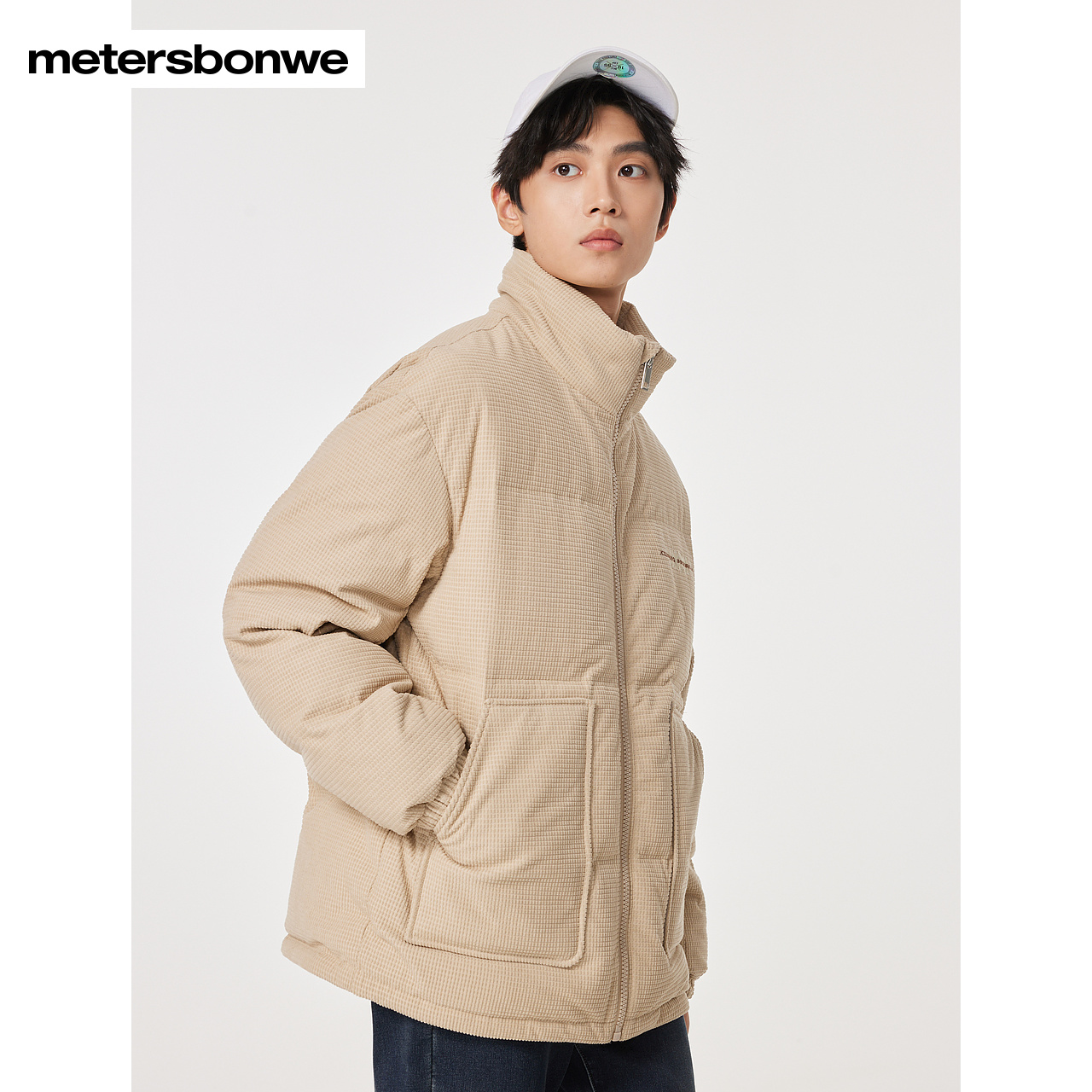 美特斯邦威羽绒服男24年秋冬季新款百搭潮流立领灯芯绒刺绣外套男