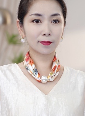 大珍珠磁吸扣项链丝巾女夏季护颈遮疤痕印花双层细窄小围巾装饰潮