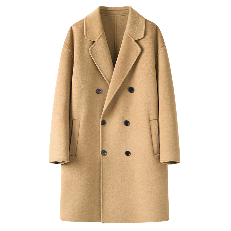 秋冬双面绵羊绒大衣男宽松落肩双排扣羊毛呢子外套反季中长款风衣 - 图3