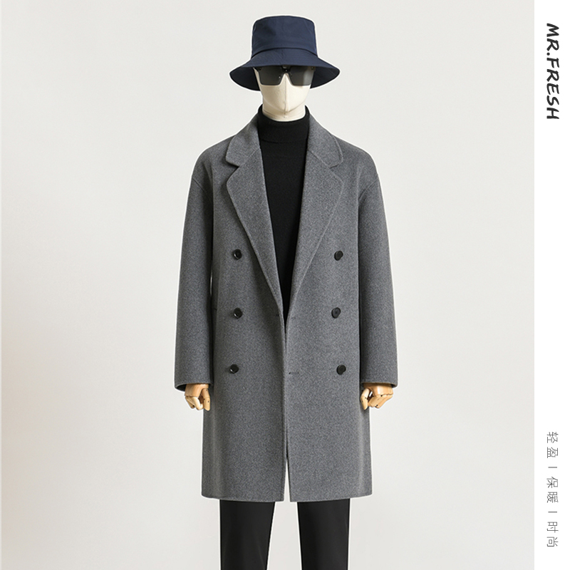 秋冬双面绵羊绒大衣男宽松落肩双排扣羊毛呢子外套反季中长款风衣 - 图0