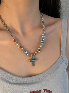 欧美彩石蓝色十字架项链时尚个性小众气质轻奢高级感项饰女