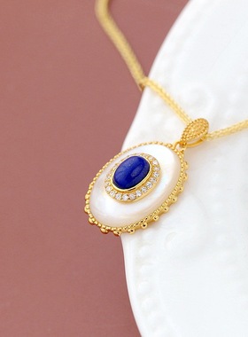 银宸首饰 镶天然青金石白母贝镀金项坠 宫廷复古女士925纯银吊坠