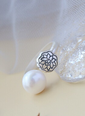 银宸首饰 镶天然淡水珍珠99足银戒指民族古典莲花开口990纯银戒子