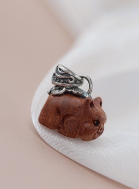 复古做旧925银吊坠镶天然檀木小