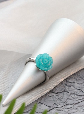 银宸首饰 镶天然天河石925纯银戒指时尚女士玫瑰花开口手工银戒子