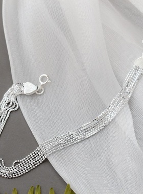 银宸首饰 通体925纯银手链女士时尚百搭多层盒子链闪珠简约细手链