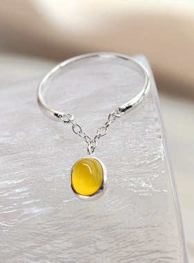 银宸首饰 镶天然黄玉髓925纯银戒指 简约时尚女士手工银细戒子