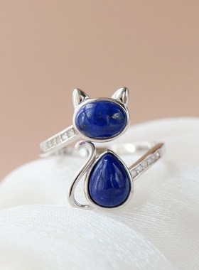 可爱小猫咪开口银戒指镶天然青