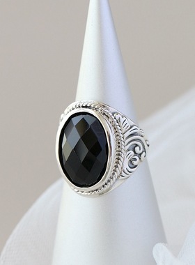 复古925纯银镶天然黑玛瑙戒指