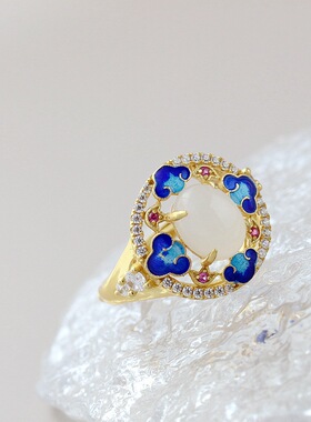 银宸首饰 手工镶天然和田玉景泰蓝镀金女戒 古典时尚925纯银戒指