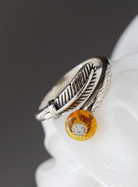 镶天然琥珀925纯银羽毛戒指开口