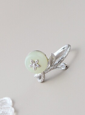 银宸首饰 镶天然和田玉手工银戒子 简约复古女士开口925纯银戒指