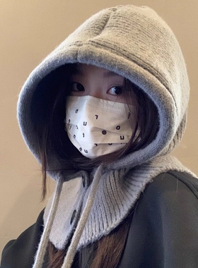 韩国巴拉克拉法帽秋冬季保暖针织护耳脖连帽女款时尚围巾一体毛线