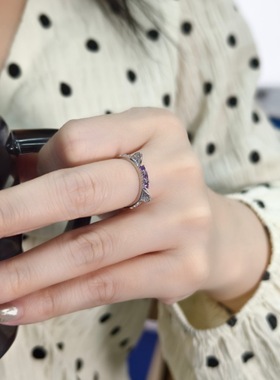 S925纯银猫耳水晶戒指女款