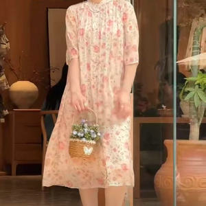 [100桑蚕丝]卡米兰法式度假真丝连衣裙女2026夏季新款碎花中长裙