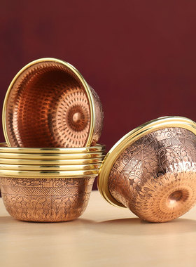 红铜手工艺供水碗家居工艺铜制锤纹敲打八供水杯仿旧雕花摆件平底