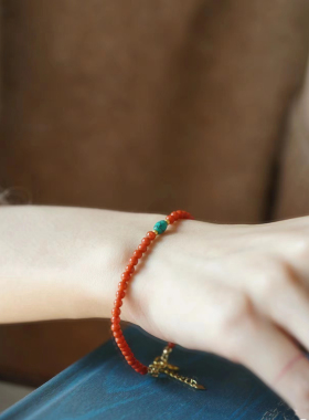 天然南红绿松石手链本命年南红项链女喜庆招财项链中国红串珠手链