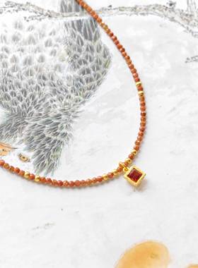 金砂石串珠项链爆闪石榴石项链纯银礼物极细手工原创锁骨链女