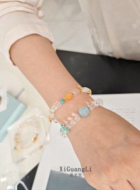 新中式沙金白水晶项链女夏季简约水晶手串蜜蜡绿松石项链多圈手链