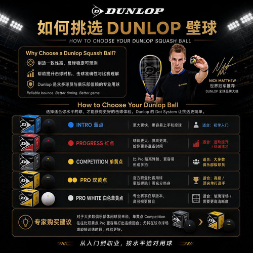 邓禄普登路普DUNLOP双黄点壁球职业比赛球蓝点红单黄点标准弹力球 - 图0