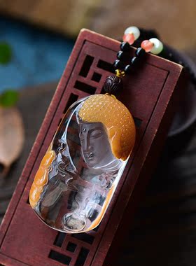 俏色黄兔毛水晶佛像吊坠发晶雕刻佛挂项坠转运毛衣链饰品礼物