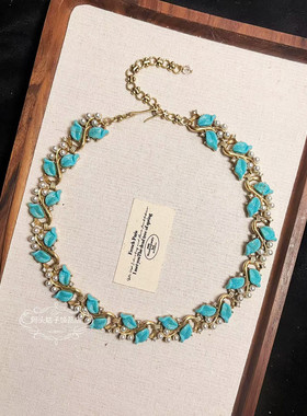 欧美宫廷风中古vintage复古气质做旧蓝色树叶珍珠项链耳环套装女