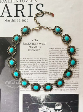 欧美宫廷风中古vintage复古气质蓝色做旧金属短款项链手链套装女